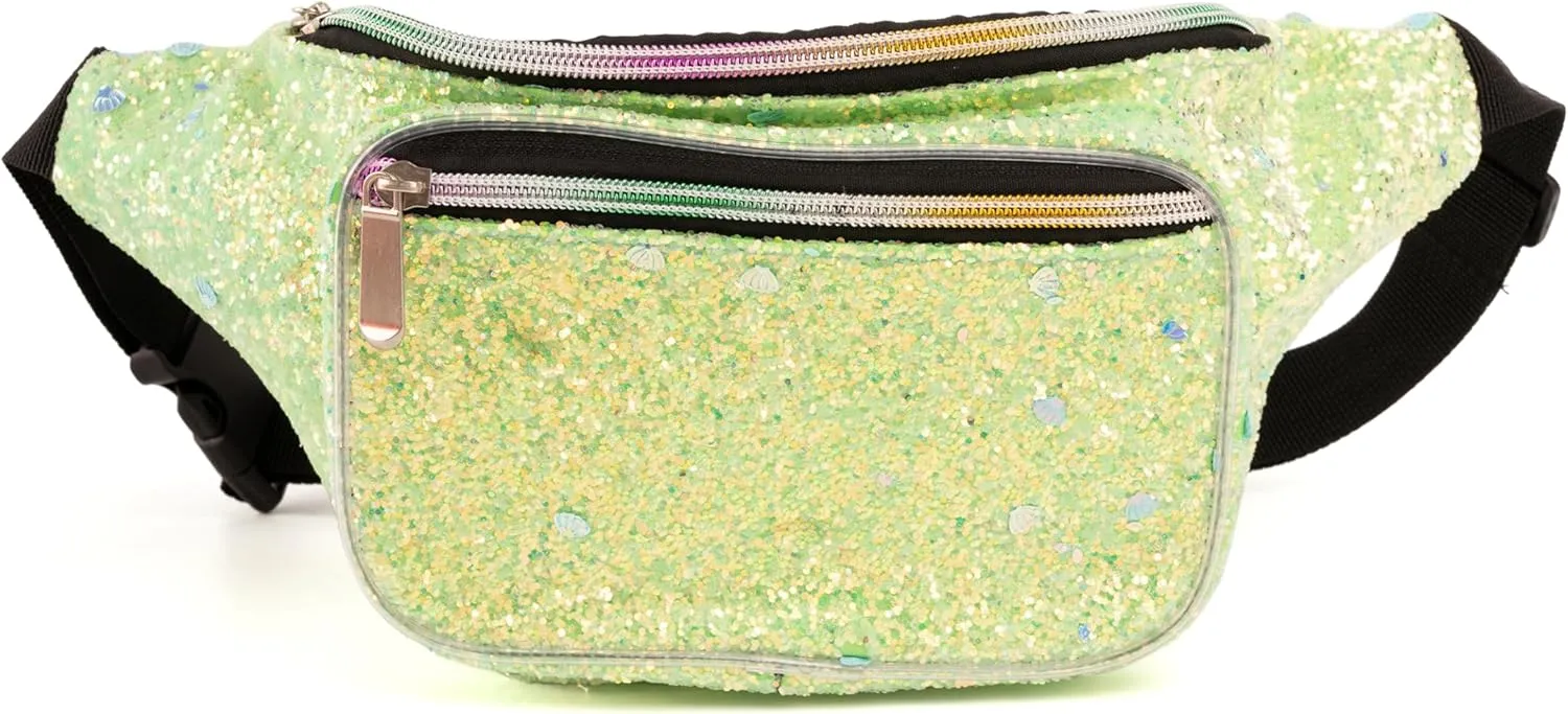 Holographic Rave Green Blue Shell Gravel Glitter Fanny Pack For Women Grils Festival Waist Belt Bags -Green Blue Shell Gravel