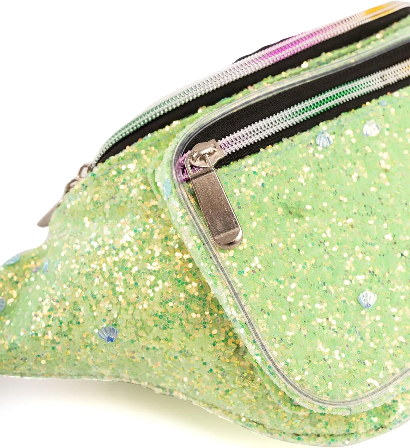 Holographic Rave Green Blue Shell Gravel Glitter Fanny Pack For Women Grils Festival Waist Belt Bags -Green Blue Shell Gravel