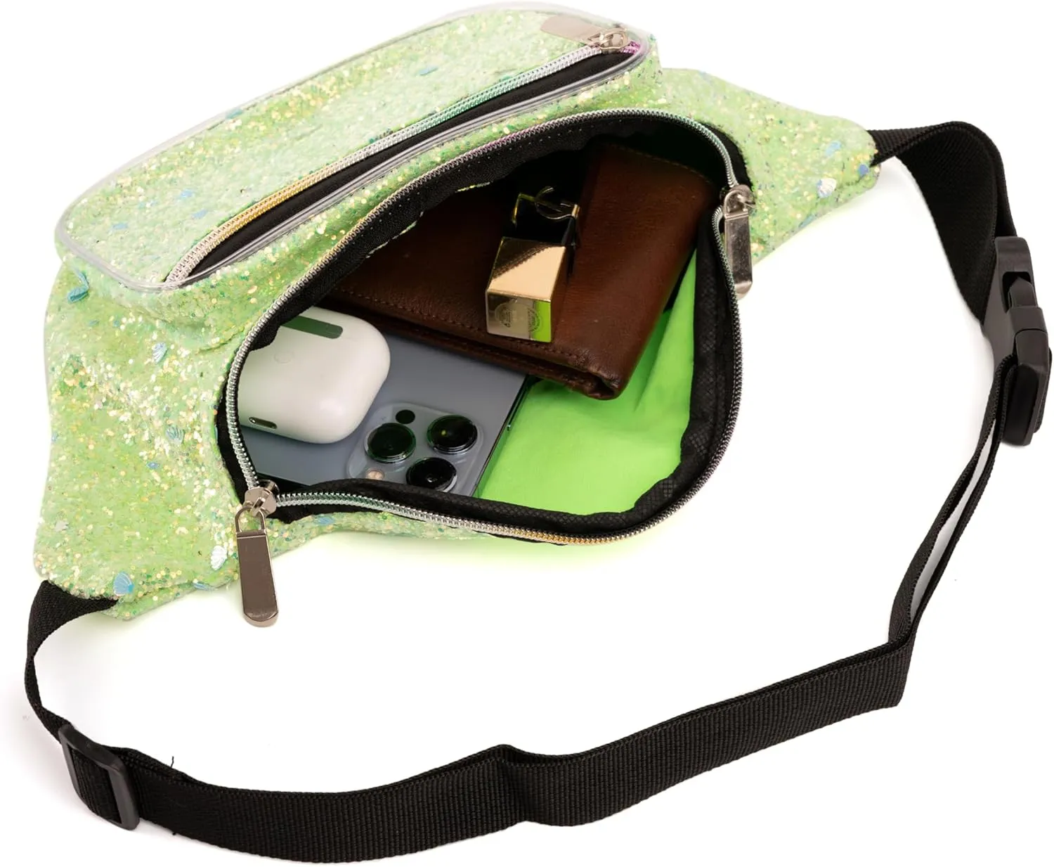 Holographic Rave Green Blue Shell Gravel Glitter Fanny Pack For Women Grils Festival Waist Belt Bags -Green Blue Shell Gravel