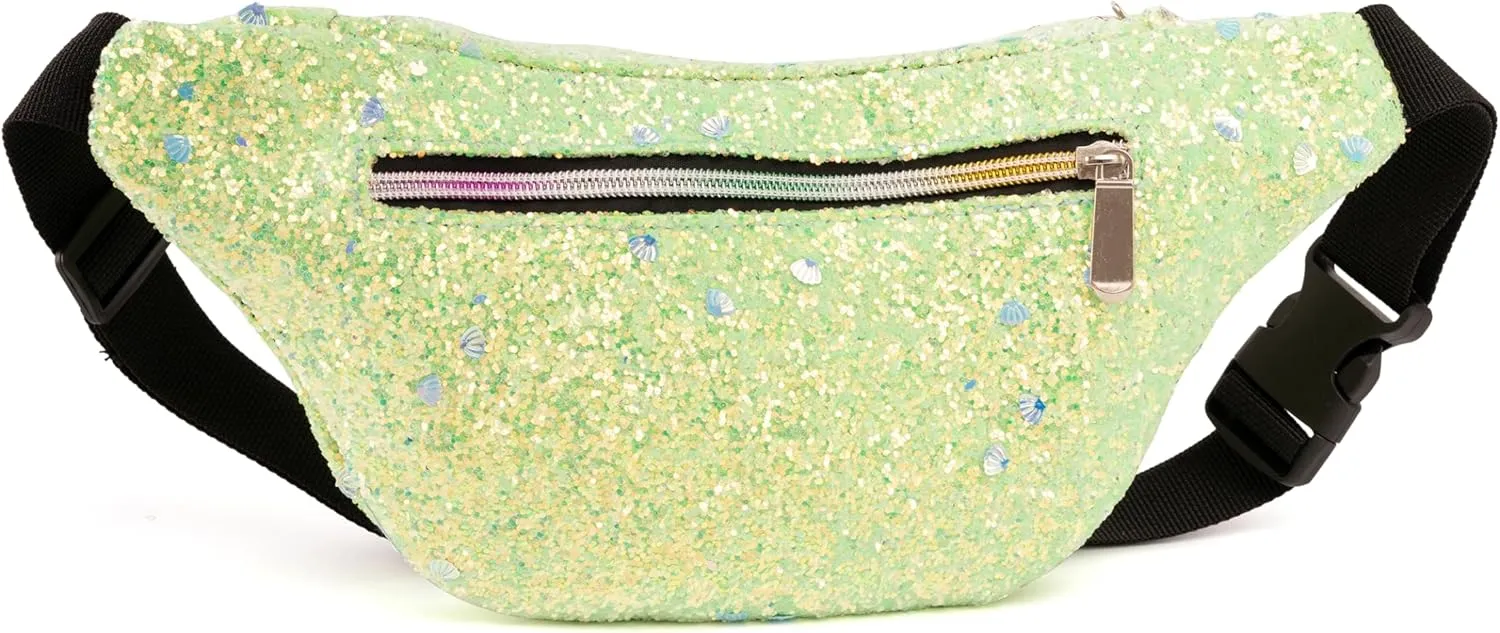 Holographic Rave Green Blue Shell Gravel Glitter Fanny Pack For Women Grils Festival Waist Belt Bags -Green Blue Shell Gravel
