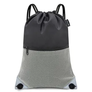 HOLYLUCK Drawstring Backpack Gym Sports Bag with Front mesh zipper Pocket (black and grey) HLC402