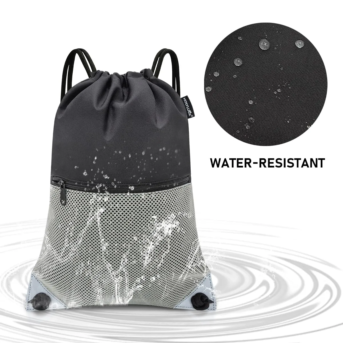HOLYLUCK Drawstring Backpack Gym Sports Bag with Front mesh zipper Pocket (black and grey) HLC402