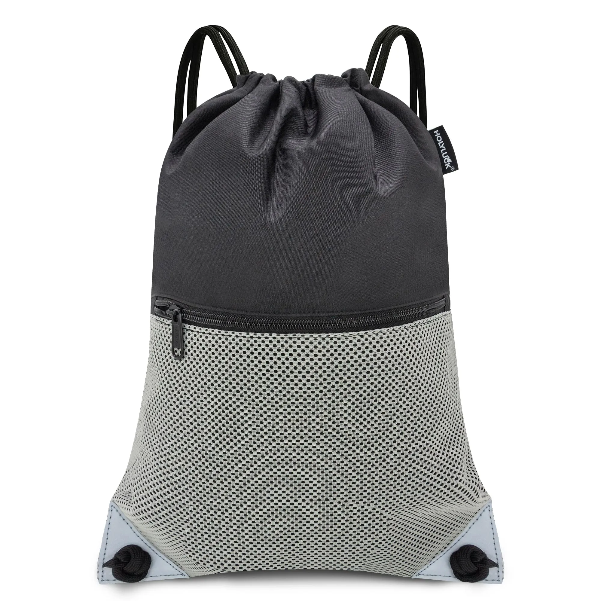 HOLYLUCK Drawstring Backpack Gym Sports Bag with Front mesh zipper Pocket (black and grey) HLC402