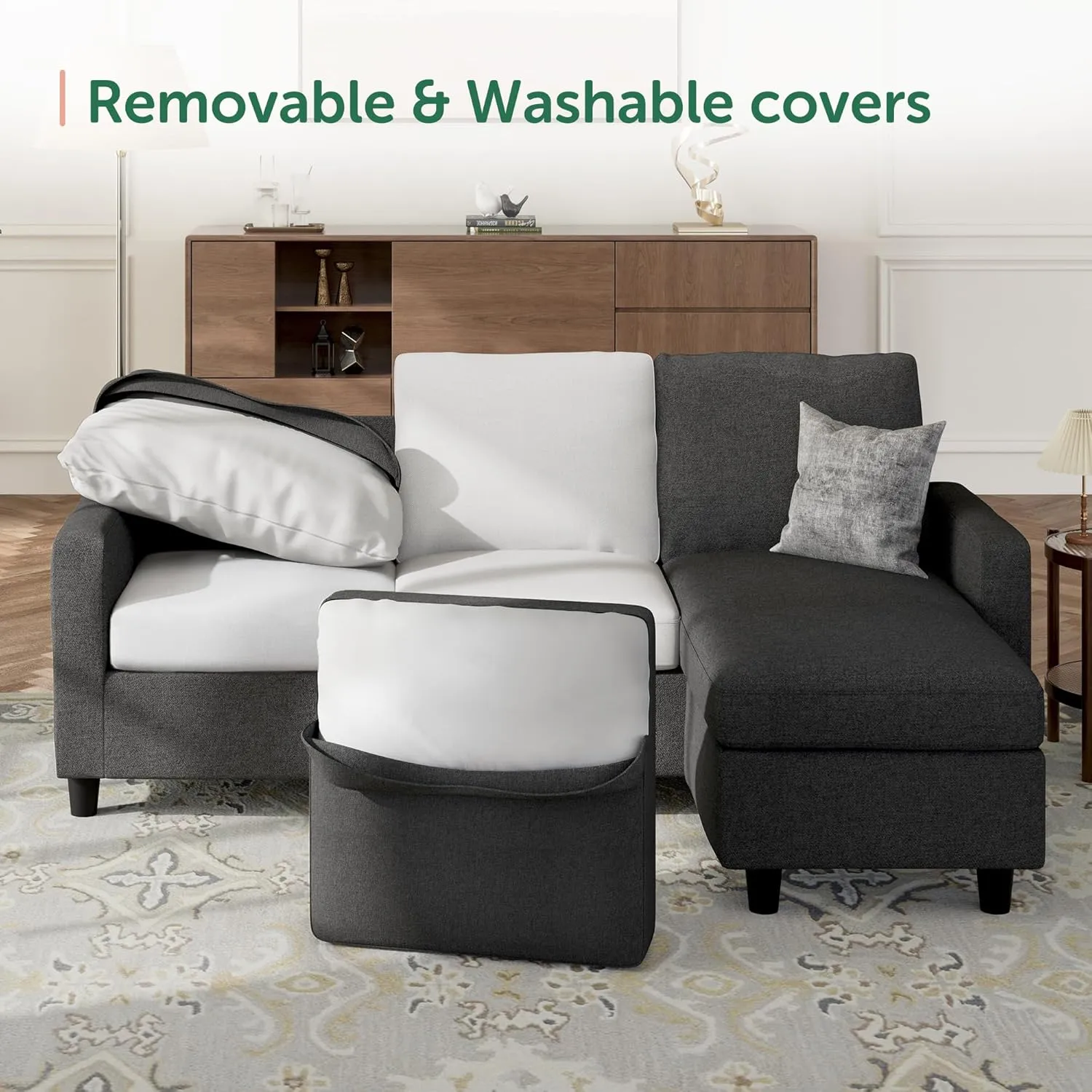HONBAY Convertible Sectional Sofa, L Shaped Couch with Reversible Chaise for Small Space, Black