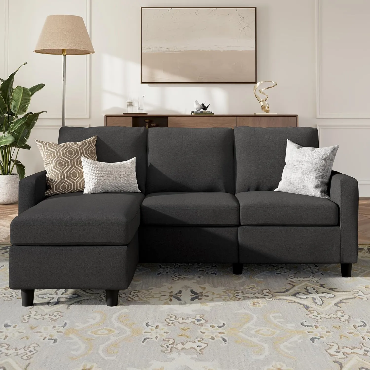 HONBAY Convertible Sectional Sofa, L Shaped Couch with Reversible Chaise for Small Space, Black