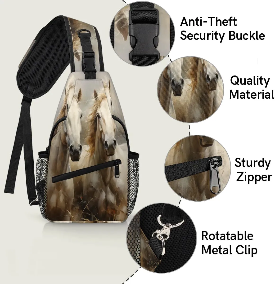 Horse Pattern Sling Bag for Women Men, Waterproof Crossbody Sling Backpack Travel Outdoor Sports Chest Bag