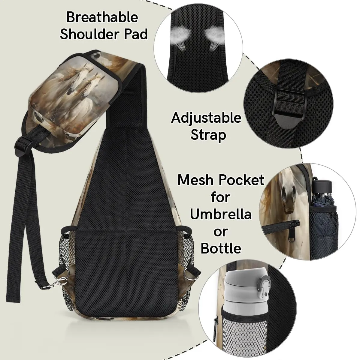 Horse Pattern Sling Bag for Women Men, Waterproof Crossbody Sling Backpack Travel Outdoor Sports Chest Bag