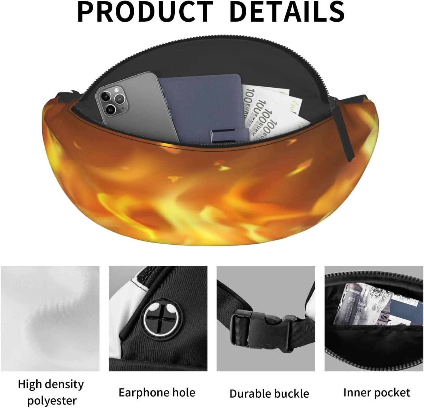 Hot Burning Fire Fanny Pack, Crossbody Waist Packs for Women Men Waist Bags with Adjustable Strap for Travel Running Hiking Sport