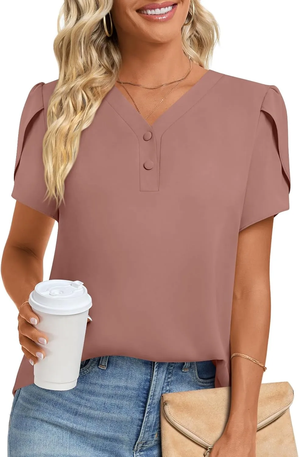 HOTGIFT Womens Blouse 2025 Summer Short Sleeve V Neck Buttons Chiffon Tops M-3XL