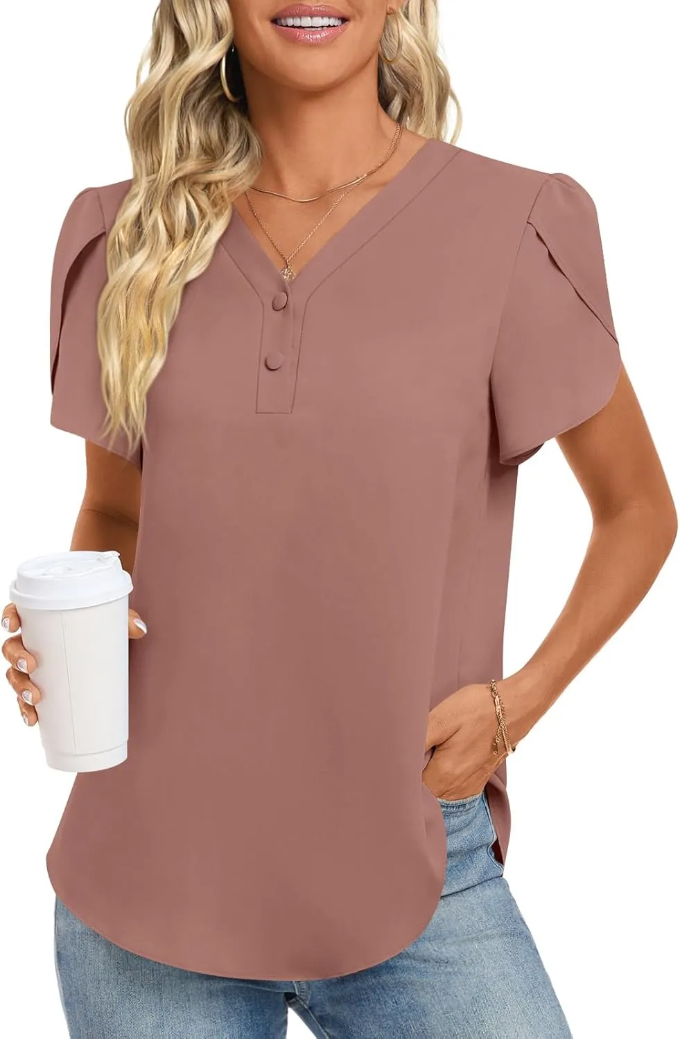 HOTGIFT Womens Blouse 2025 Summer Short Sleeve V Neck Buttons Chiffon Tops M-3XL