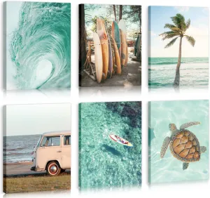 HPNIUB Beach Canvas Wall Art, Tropical Summer Ocean Coastal Posters, Set Of 6 Piece (8x10inch,Framed) Preppy Gallery Beachy Prints, Girly Nautical Surfboard Bus Room Decor, California Beachy Pictures