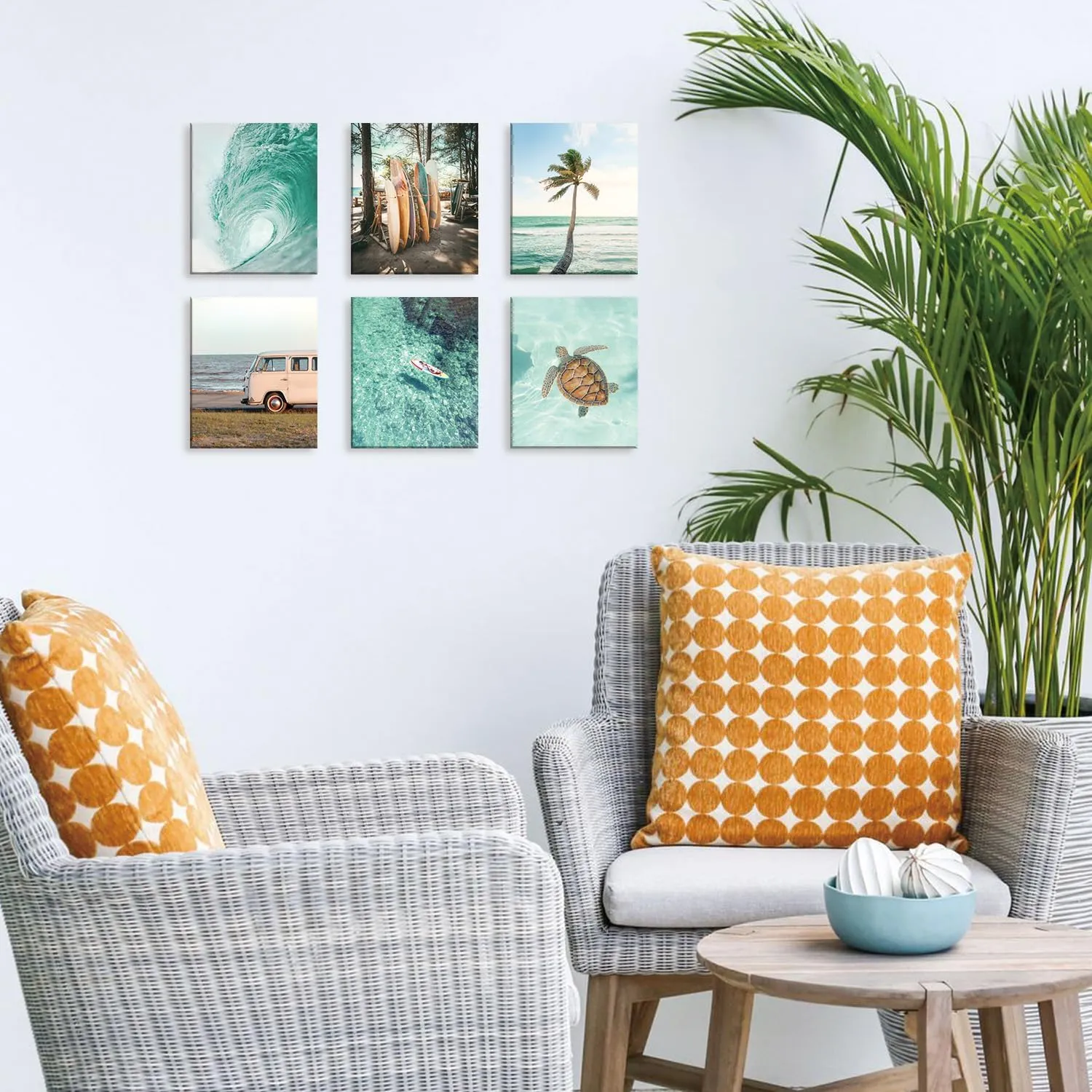 HPNIUB Beach Canvas Wall Art, Tropical Summer Ocean Coastal Posters, Set Of 6 Piece (8x10inch,Framed) Preppy Gallery Beachy Prints, Girly Nautical Surfboard Bus Room Decor, California Beachy Pictures