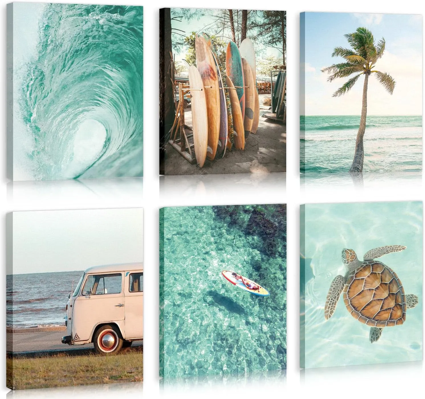 HPNIUB Beach Canvas Wall Art, Tropical Summer Ocean Coastal Posters, Set Of 6 Piece (8x10inch,Framed) Preppy Gallery Beachy Prints, Girly Nautical Surfboard Bus Room Decor, California Beachy Pictures