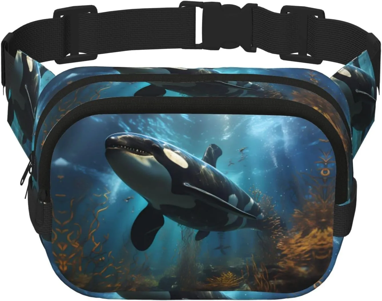 Huge killer whales Printed Fashion Crossbody Bag, Hiking Waist Bag, Square Double Layer Travel and Fitness Shoulder Bag