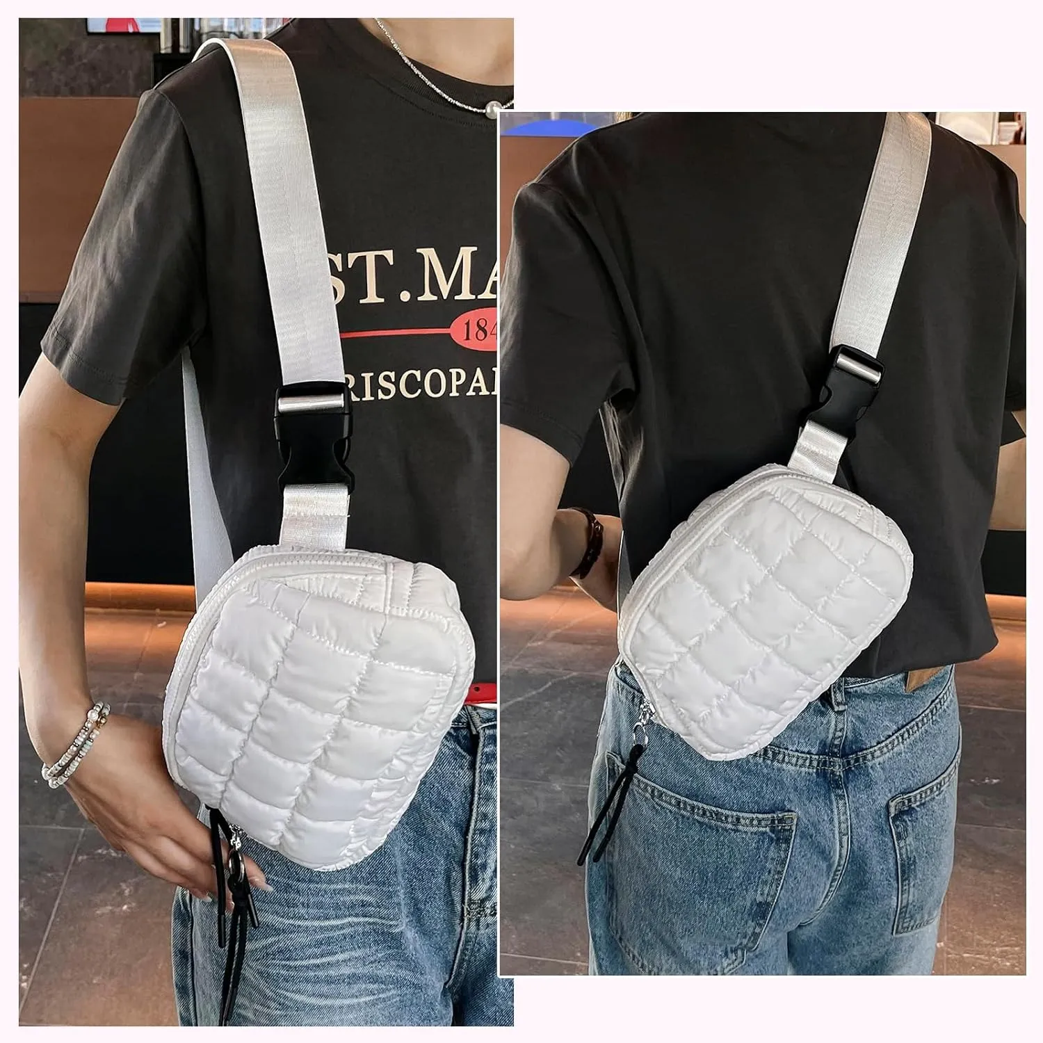 I IHAYNER Quilted Puffer Belt Bag Fanny Waist Packs Small Crossbody Bag with Adjustable Strap for Traveling Hiking Pink