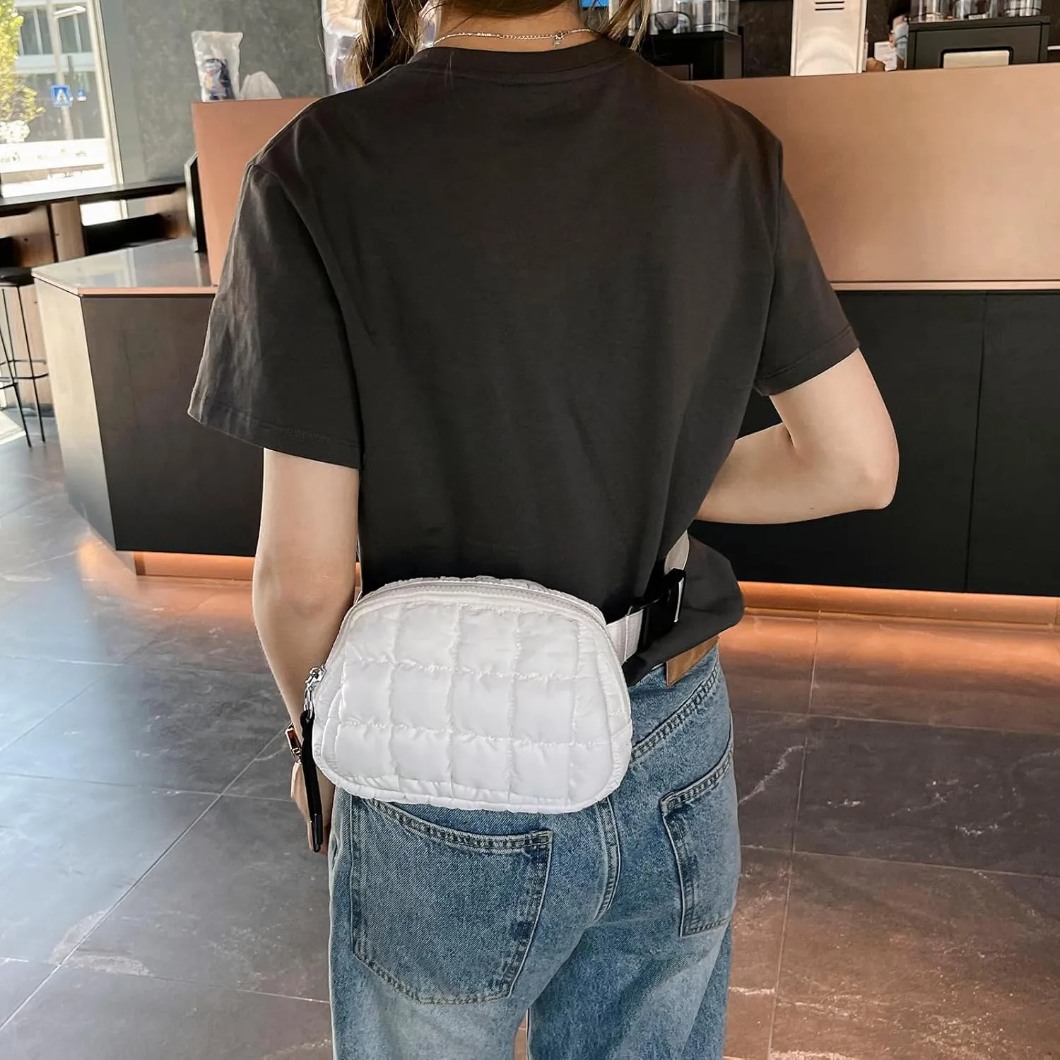 I IHAYNER Quilted Puffer Belt Bag Fanny Waist Packs Small Crossbody Bag with Adjustable Strap for Traveling Hiking Pink