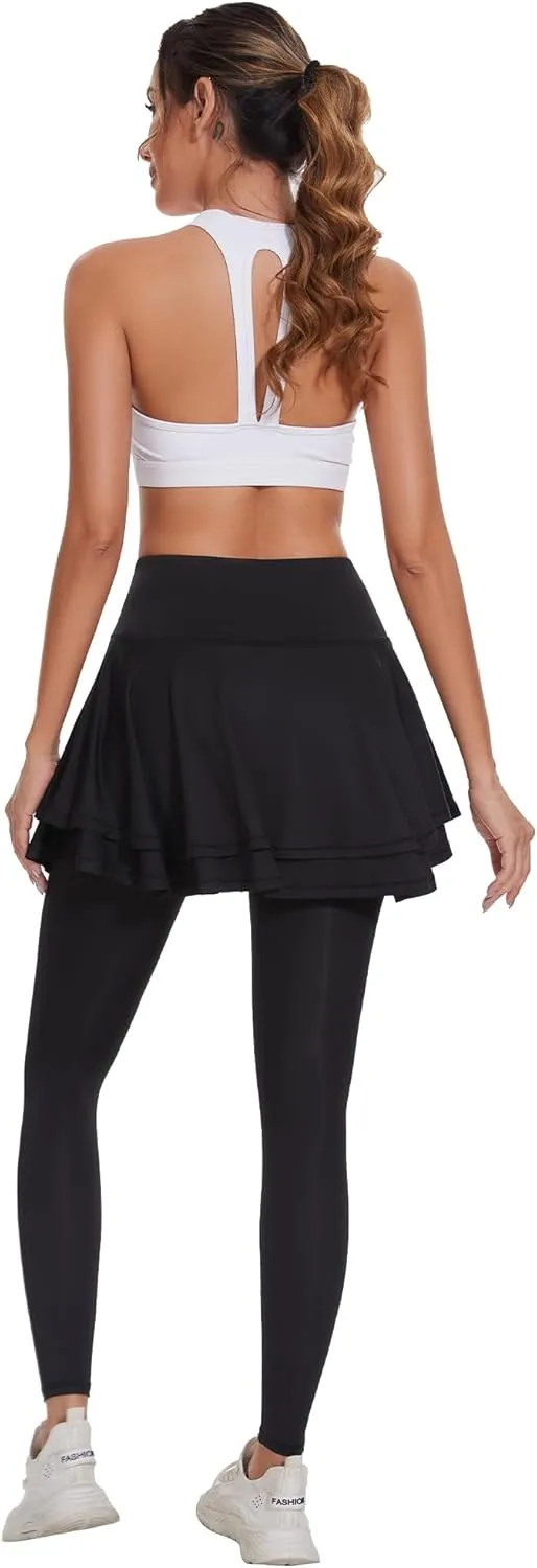 Ibeauti Womens UPF 50  Yoga Skirted Capri Leggings Golf Tennis Pants with Skirt for Running Workout Active