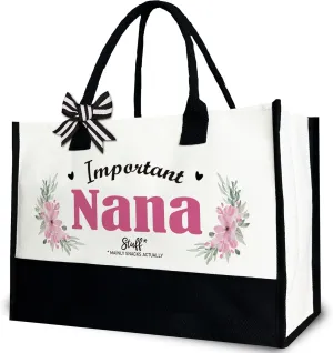 Important Nana Stuff Mainly Snacks Actually Tote Bag, Grandma Grandmother Canvas Tote Bag Gift for Birthday, Inspirational Nana, 12x17 inch