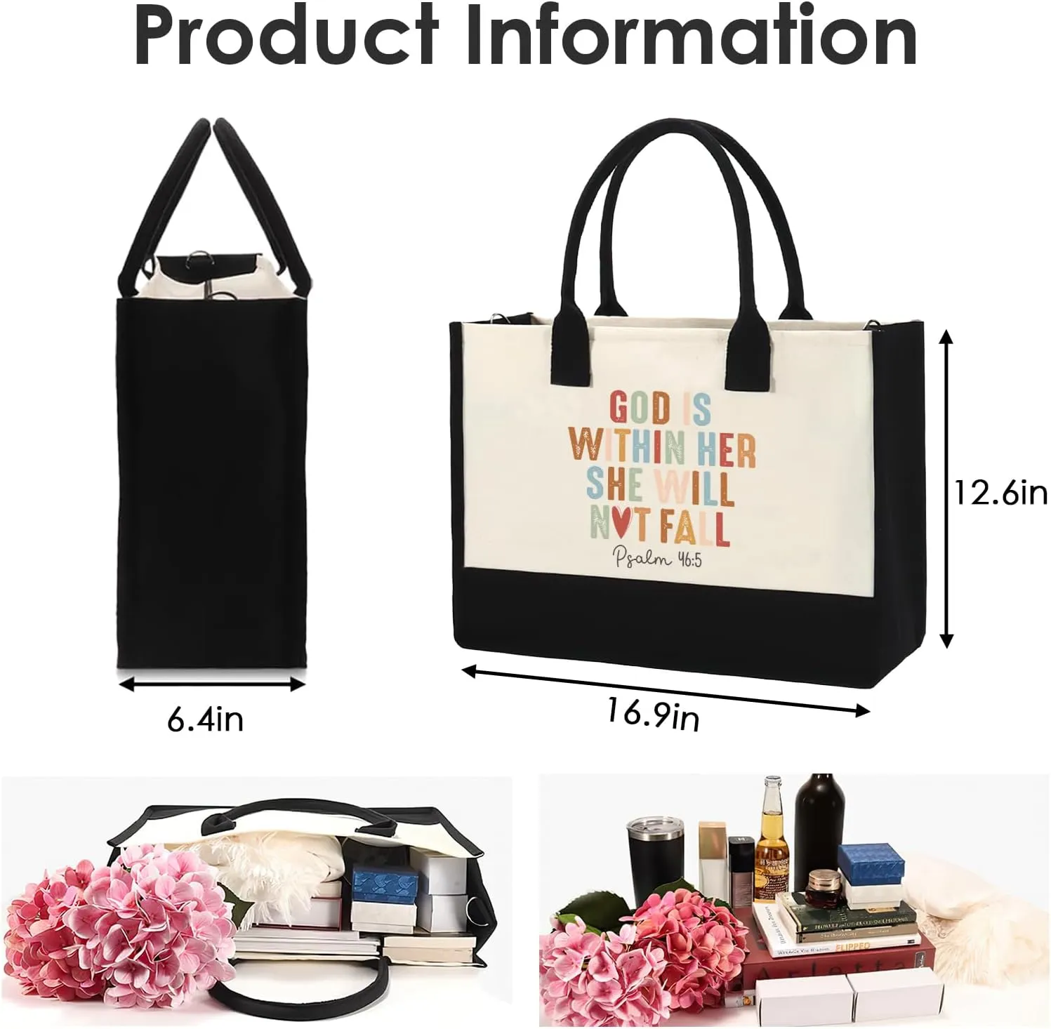 Inspirational Canvas Tote Bag - Christian Gift Beach Bags God is Within Her She Will Not Fall Motivation Bible Verse Zipper Canvas Tote Bags Graduation Birthday Gift for Women Mom Friends