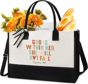 Inspirational Canvas Tote Bag - Christian Gift Beach Bags God is Within Her She Will Not Fall Motivation Bible Verse Zipper Canvas Tote Bags Graduation Birthday Gift for Women Mom Friends