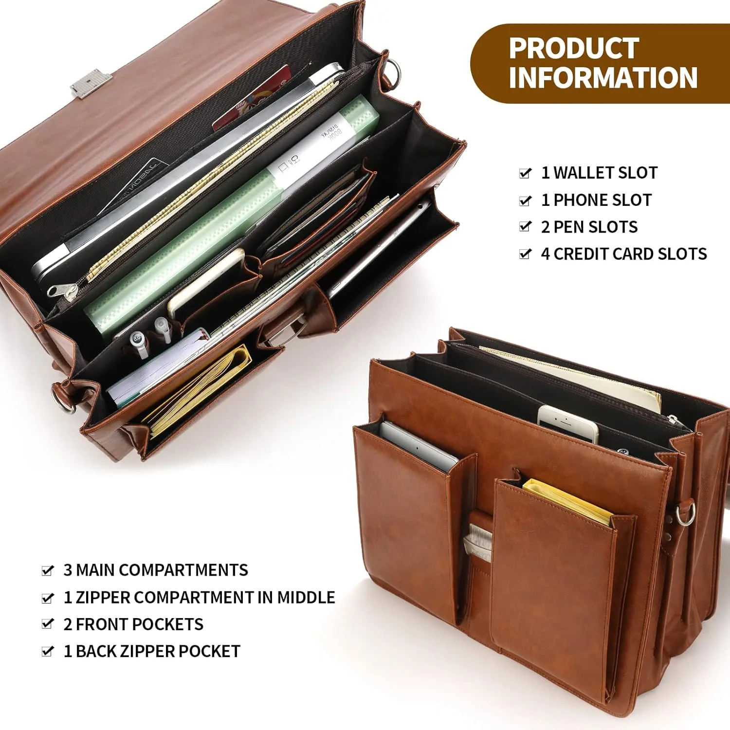 Jack&Chris Mens New PU Leather Attache Briefcase Traditional Messenger Lawyer Bag, MBYX015