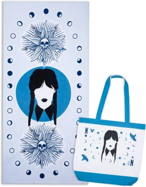 Jay Franco Wednesday Beach Tote Bag and Towel Set - Canvas Shoulder Handbag Measures 16 x 14 Inches Double Straps with Super Soft and Absorbent 28 x 58 Inch Beach Towel