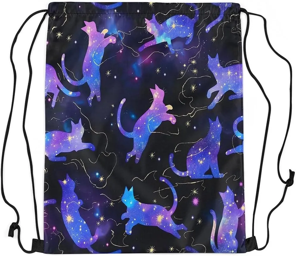 jejeloiu Cat Drawstring Backpack 13"x15.7" Cats Print Galaxy Sports Gym String Bag Cute Kitten Drawstring Bags Animal Waterproof Cinch Bag Sports Drawstring Sackpack