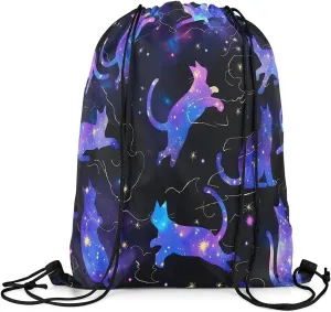 jejeloiu Cat Drawstring Backpack 13"x15.7" Cats Print Galaxy Sports Gym String Bag Cute Kitten Drawstring Bags Animal Waterproof Cinch Bag Sports Drawstring Sackpack