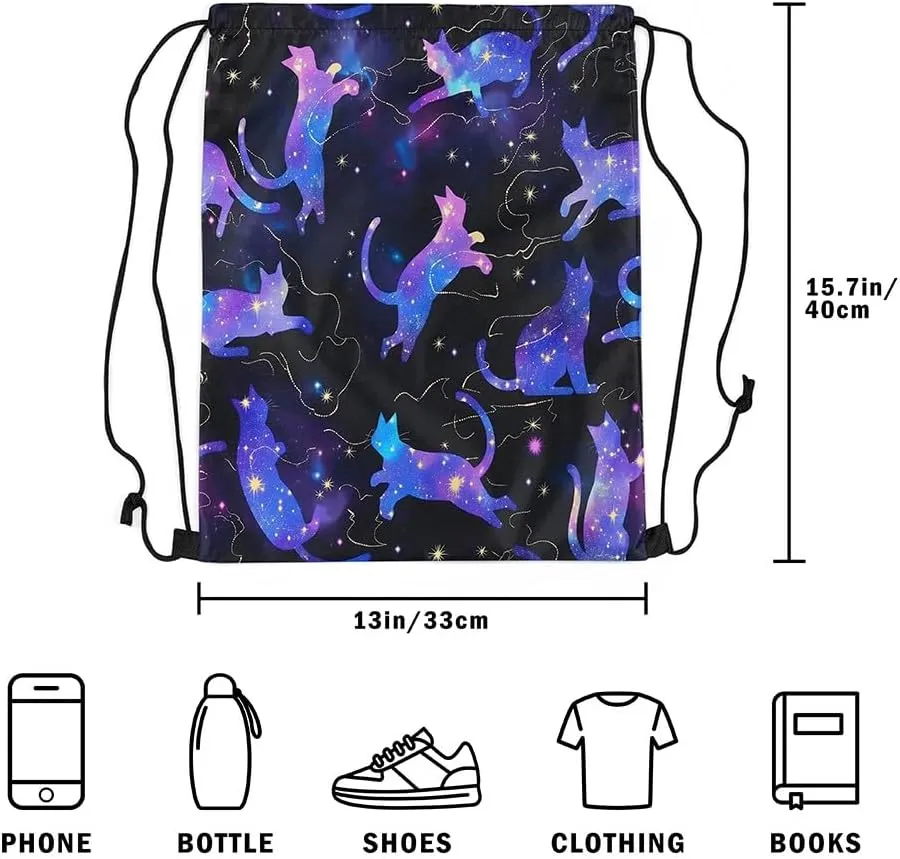 jejeloiu Cat Drawstring Backpack 13"x15.7" Cats Print Galaxy Sports Gym String Bag Cute Kitten Drawstring Bags Animal Waterproof Cinch Bag Sports Drawstring Sackpack
