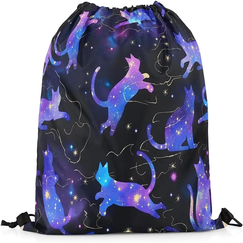 jejeloiu Cat Drawstring Backpack 13"x15.7" Cats Print Galaxy Sports Gym String Bag Cute Kitten Drawstring Bags Animal Waterproof Cinch Bag Sports Drawstring Sackpack