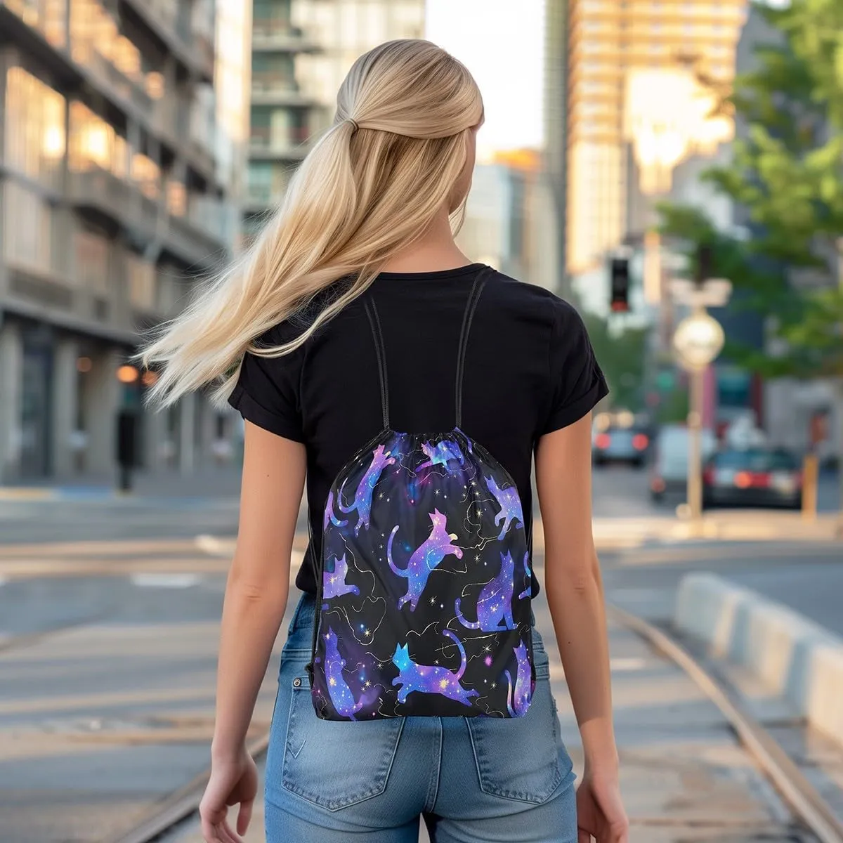 jejeloiu Cat Drawstring Backpack 13"x15.7" Cats Print Galaxy Sports Gym String Bag Cute Kitten Drawstring Bags Animal Waterproof Cinch Bag Sports Drawstring Sackpack