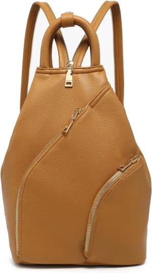 JEN & CO. Maura Diagonal Zipper Backpack Purse Fashion Vegan Leather Ladies Travel Shoulder Bag for Women (Camel)