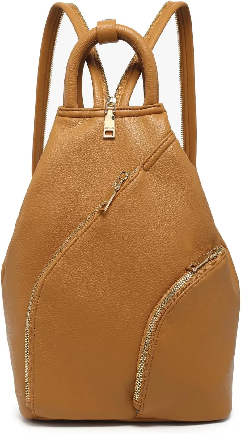 JEN & CO. Maura Diagonal Zipper Backpack Purse Fashion Vegan Leather Ladies Travel Shoulder Bag for Women (Camel)