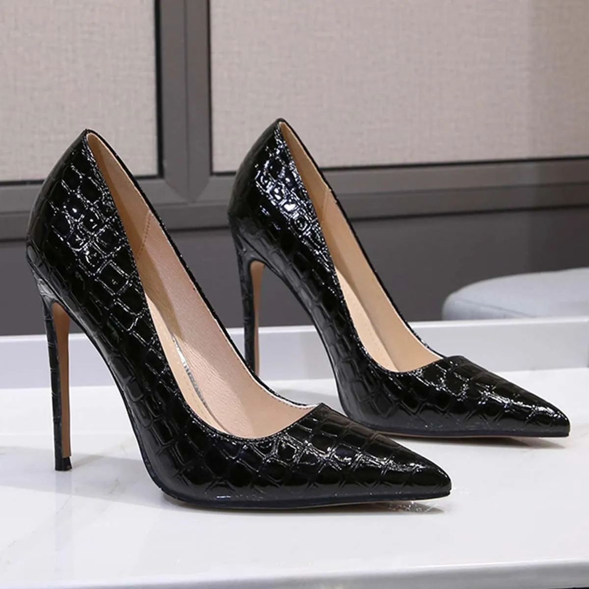 JOEupin Women Sexy Crocodile Pattern High Heels Pointed Toe Stilettos Pumps Party Club Shoes