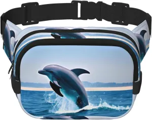 Jumping up dolphins Printed Fashion Crossbody Bag, Hiking Waist Bag, Square Double Layer Travel and Fitness Shoulder Bag
