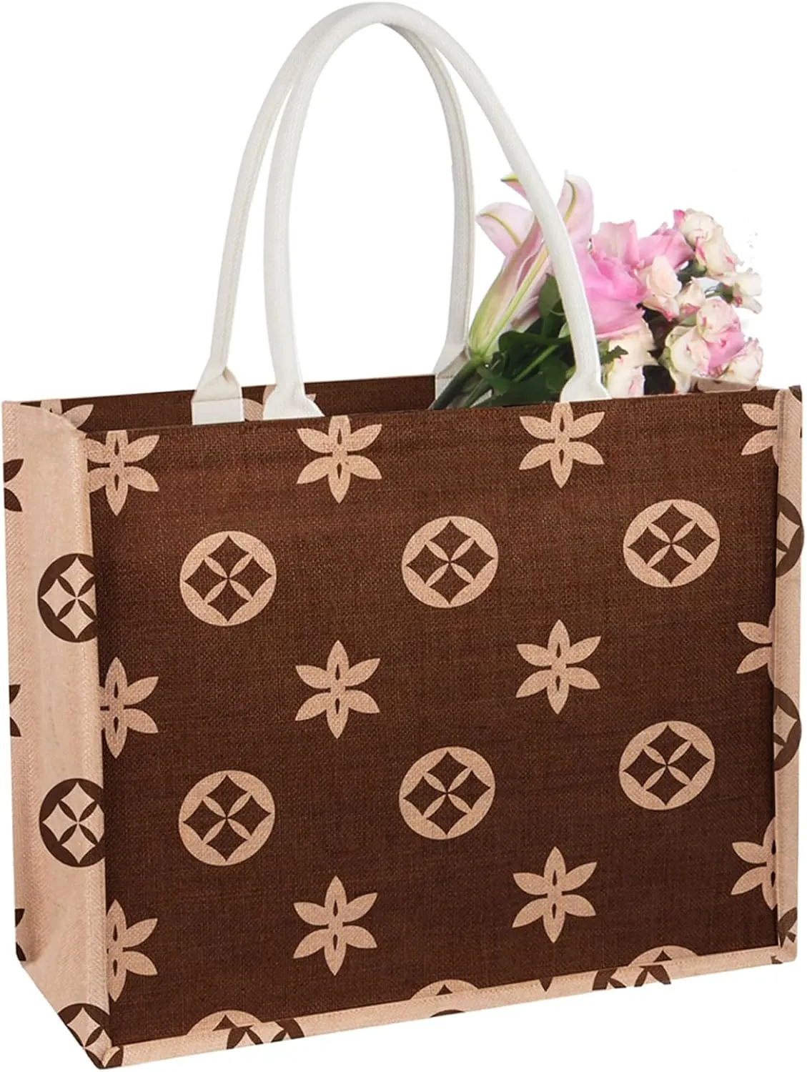 Jute Travel Tote Bag Large Beach Bag Market Handles Reusable Grocery Bag for Womans Gifts