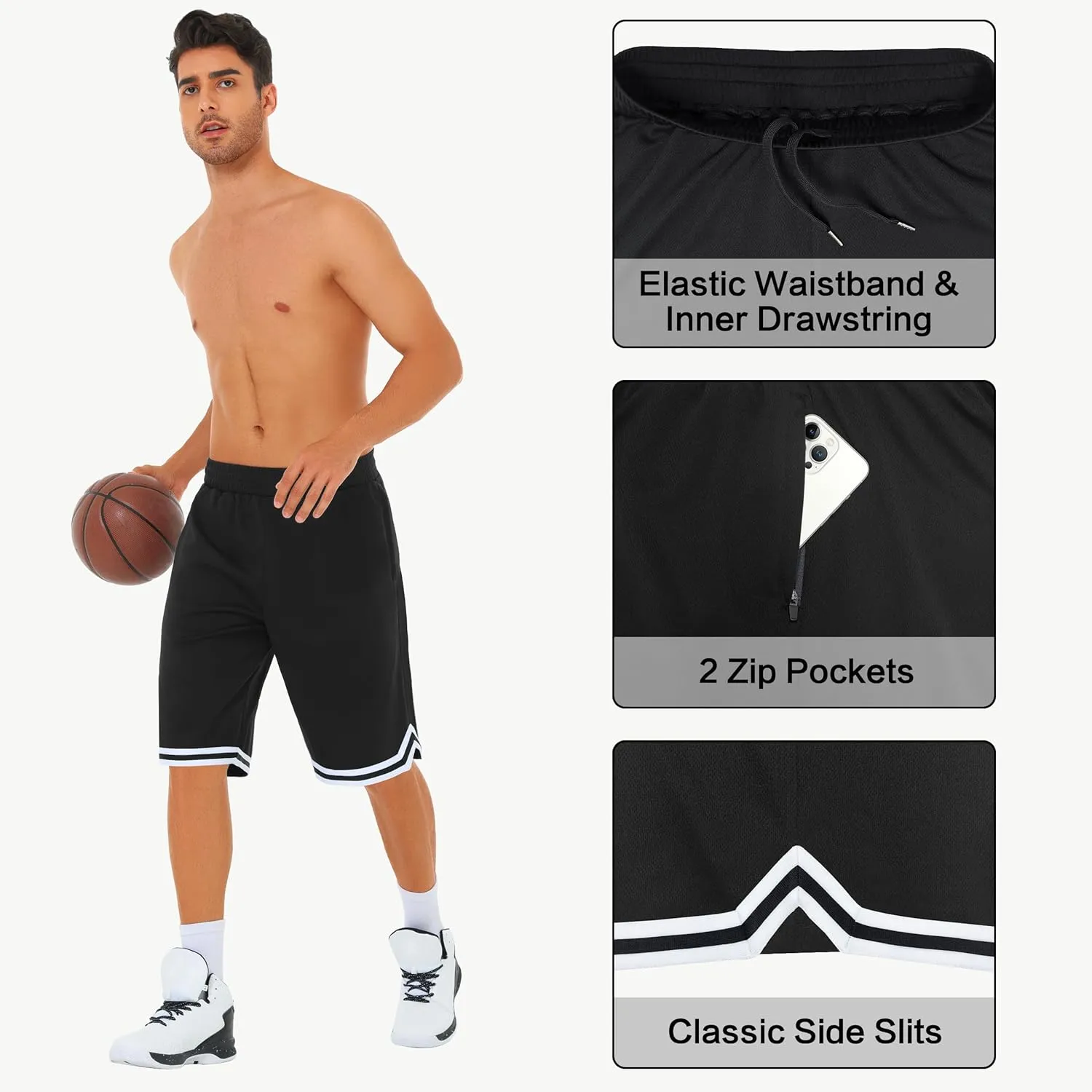 JWM Mens Long Basketball Shorts with Zip Pockets - 11" Mesh Athletic Gym Workout Sport Shorts Quick Dry Lightweight