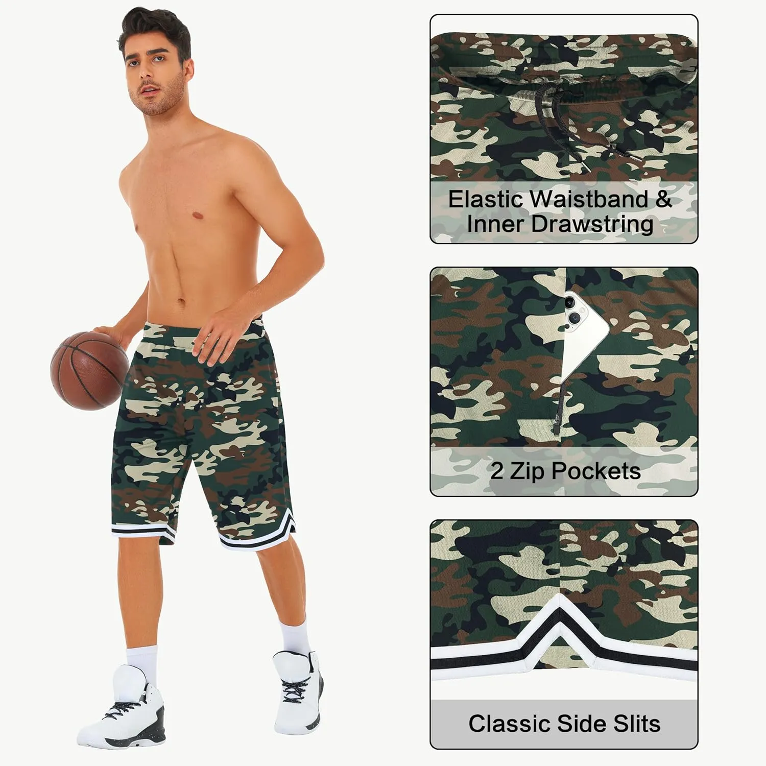 JWM Mens Long Basketball Shorts with Zip Pockets - 11" Mesh Athletic Gym Workout Sport Shorts Quick Dry Lightweight