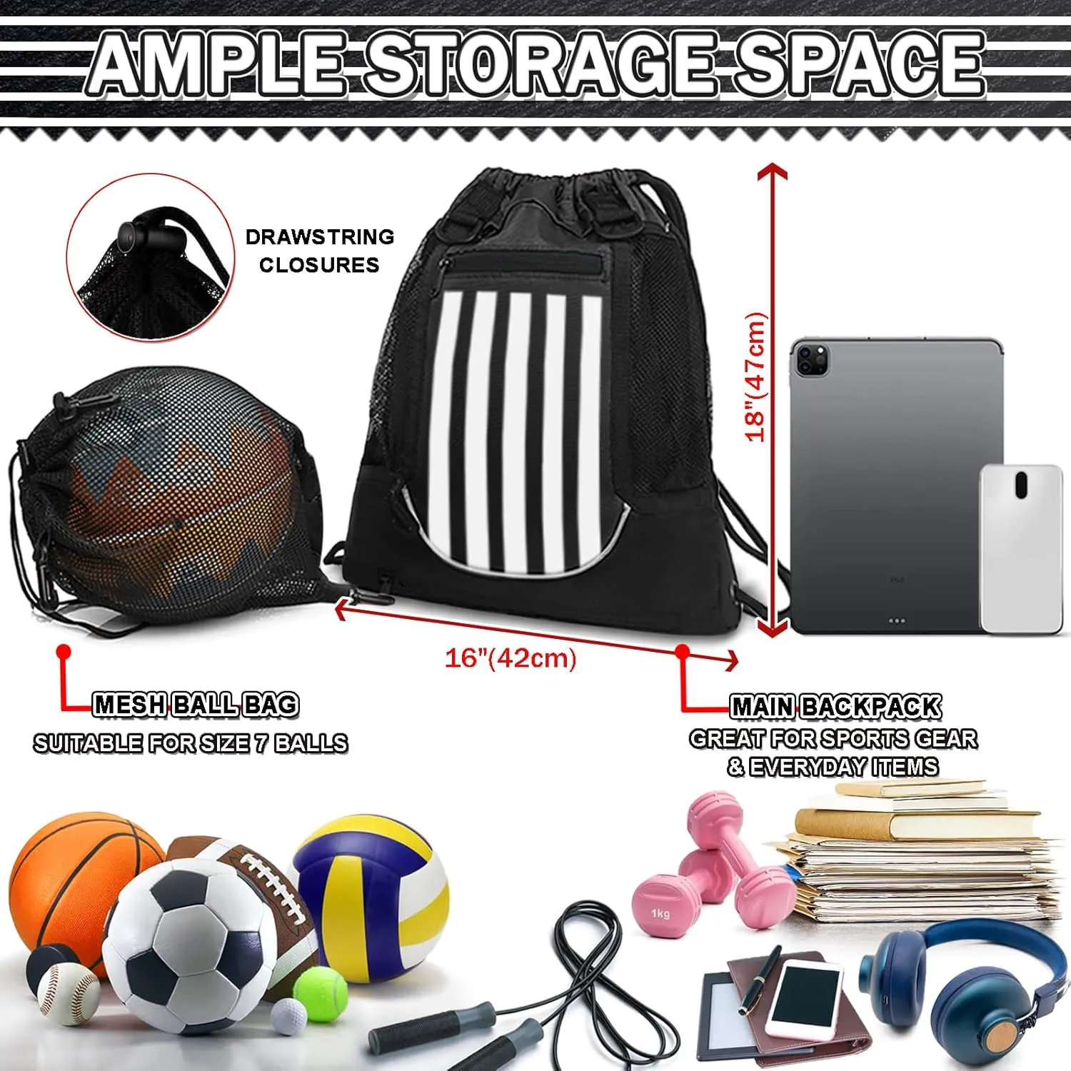 KAEGREEL Drawstring Soccer Bag Basketball Backpack for Kids Teens, Foldable Sports Bags Detachable Ball Mesh Bag for Gym Yoga Football Baseball