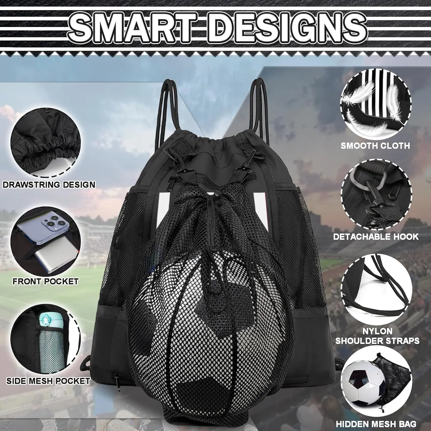 KAEGREEL Drawstring Soccer Bag Basketball Backpack for Kids Teens, Foldable Sports Bags Detachable Ball Mesh Bag for Gym Yoga Football Baseball