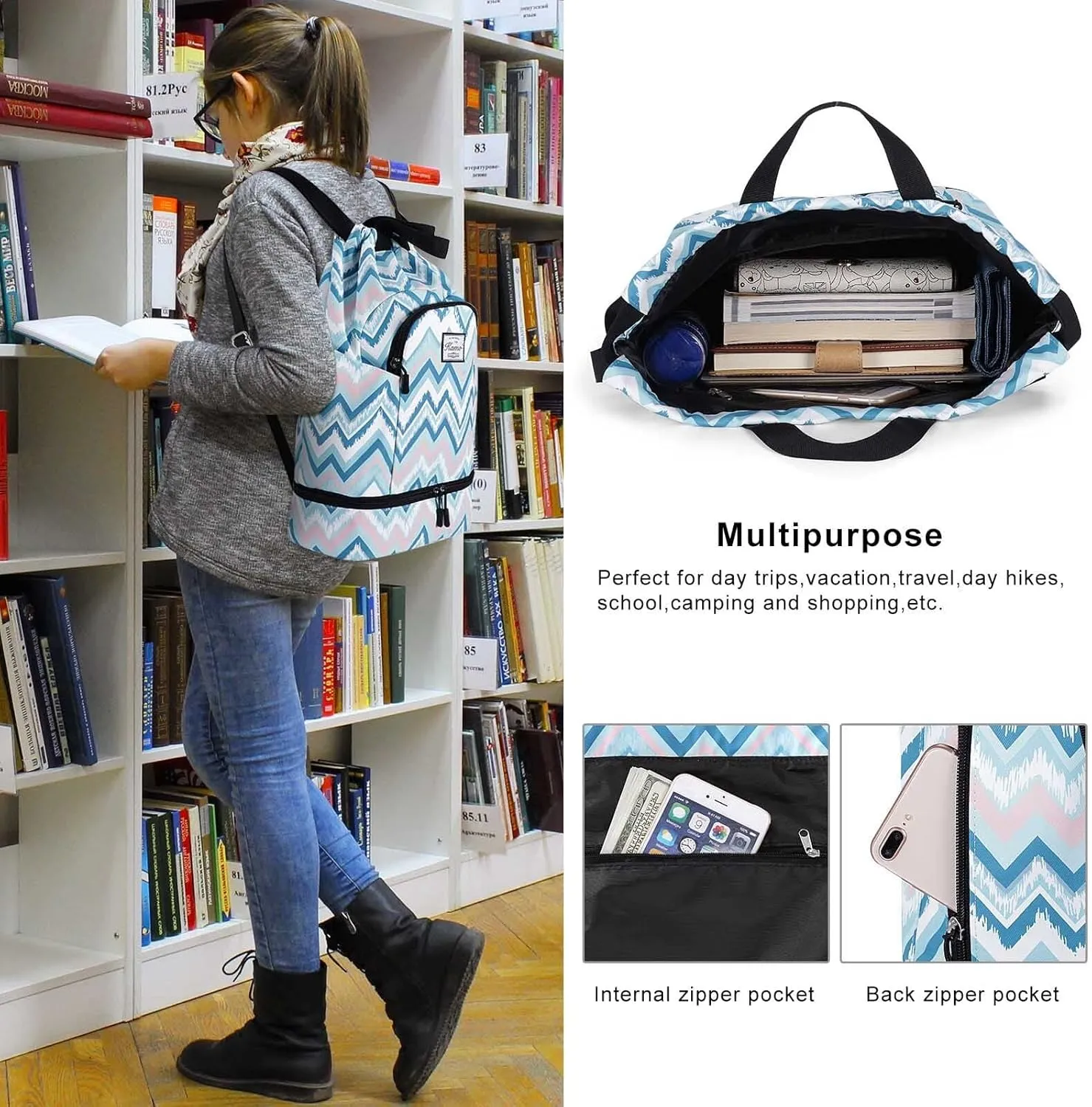 KAMO Drawstring Backpack Bag - Sport Swimming Yoga Backpack with Shoe Compartment, Two Water Bottle Holder for Men Women Large String Backpack Athletic Sackpack for Travel