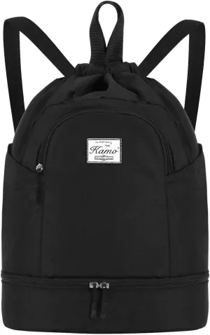 KAMO Drawstring Backpack Bag - Sport Swimming Yoga Backpack with Shoe Compartment, Two Water Bottle Holder for Men Women Large String Backpack Athletic Sackpack for Travel