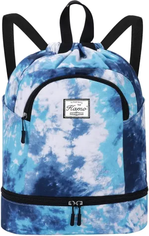 KAMO Drawstring Backpack Bag - Sport Swimming Yoga Backpack with Shoe Compartment, Two Water Bottle Holder for Men Women Large String Backpack Athletic Sackpack for Travel