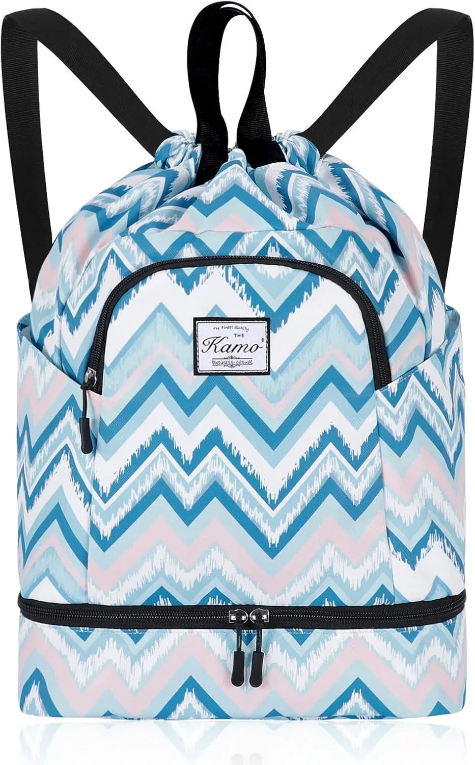 KAMO Drawstring Backpack Bag - Sport Swimming Yoga Backpack with Shoe Compartment, Two Water Bottle Holder for Men Women Large String Backpack Athletic Sackpack for Travel