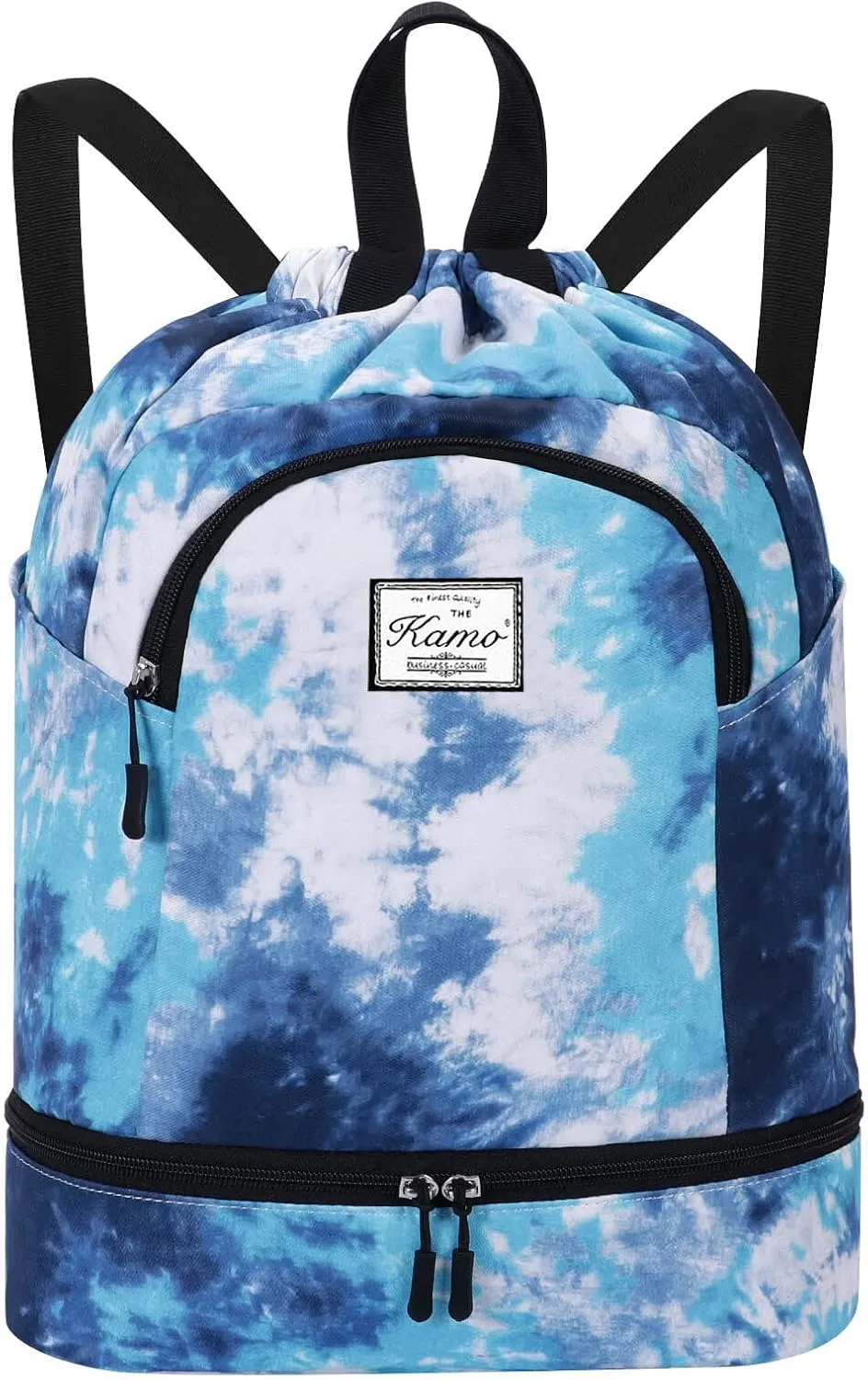 KAMO Drawstring Backpack Bag - Sport Swimming Yoga Backpack with Shoe Compartment, Two Water Bottle Holder for Men Women Large String Backpack Athletic Sackpack for Travel