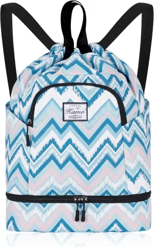 KAMO Drawstring Backpack Bag - Sport Swimming Yoga Backpack with Shoe Compartment, Two Water Bottle Holder for Men Women Large String Backpack Athletic Sackpack for Travel