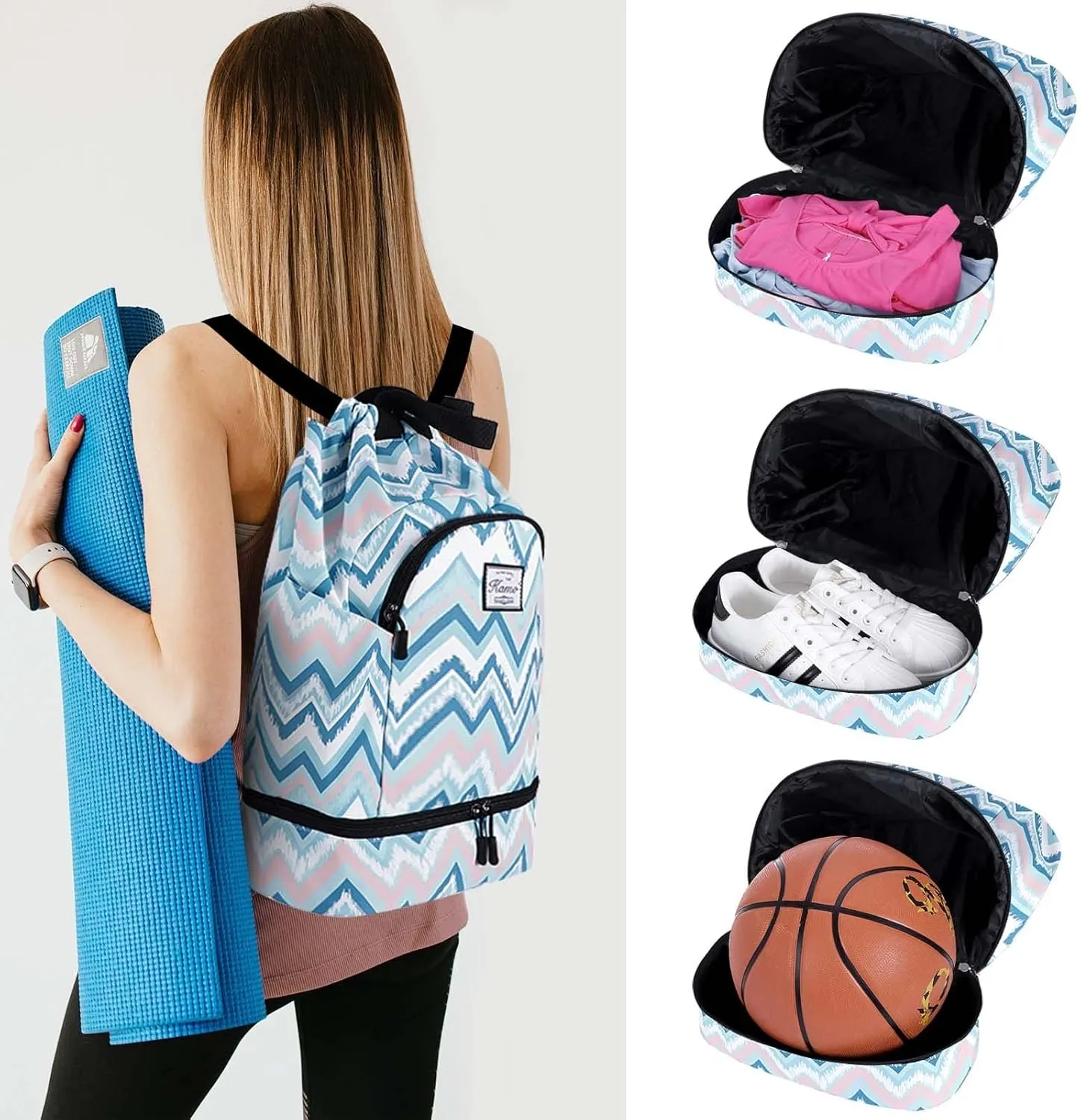 KAMO Drawstring Backpack Bag - Sport Swimming Yoga Backpack with Shoe Compartment, Two Water Bottle Holder for Men Women Large String Backpack Athletic Sackpack for Travel