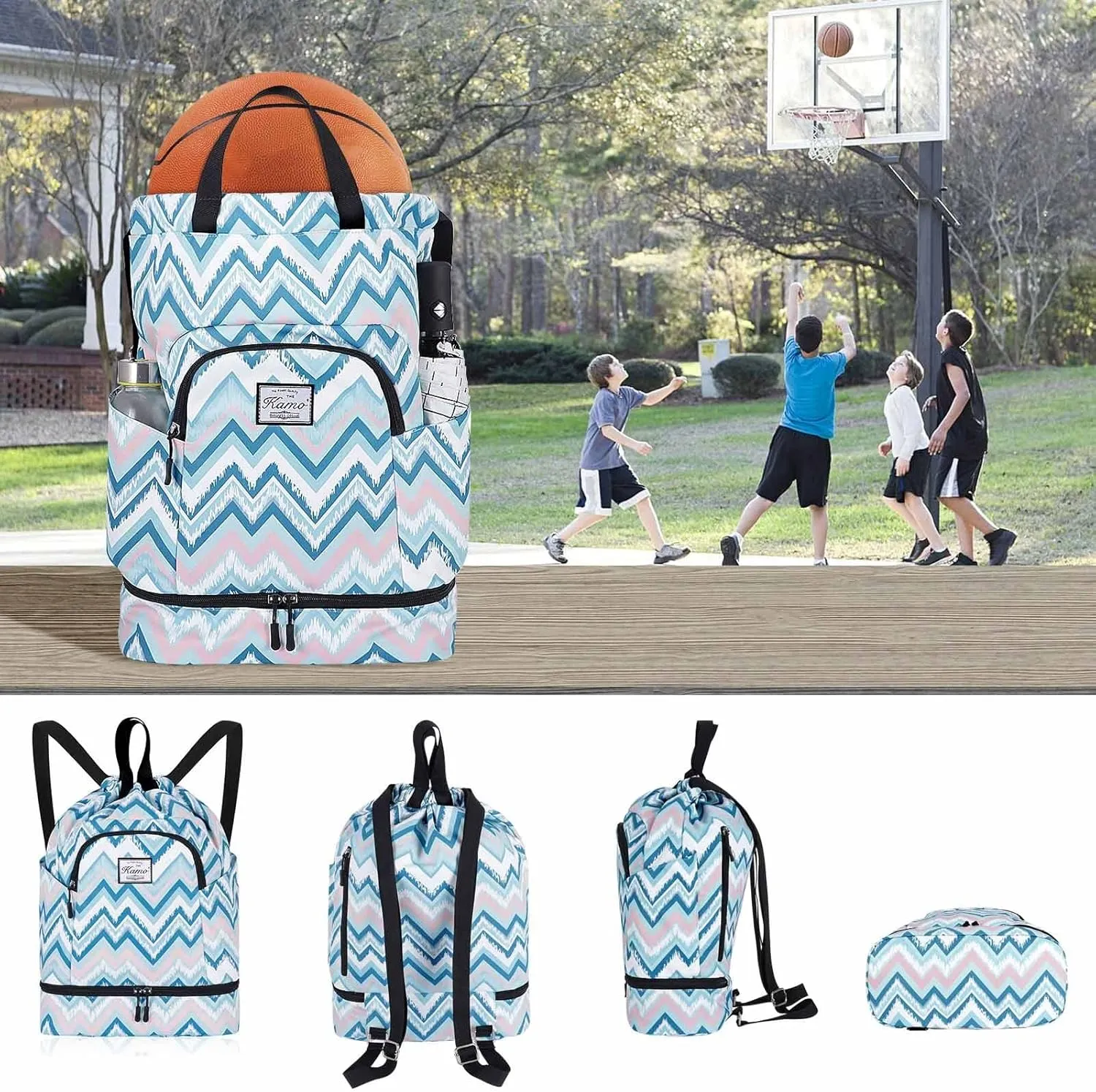 KAMO Drawstring Backpack Bag - Sport Swimming Yoga Backpack with Shoe Compartment, Two Water Bottle Holder for Men Women Large String Backpack Athletic Sackpack for Travel