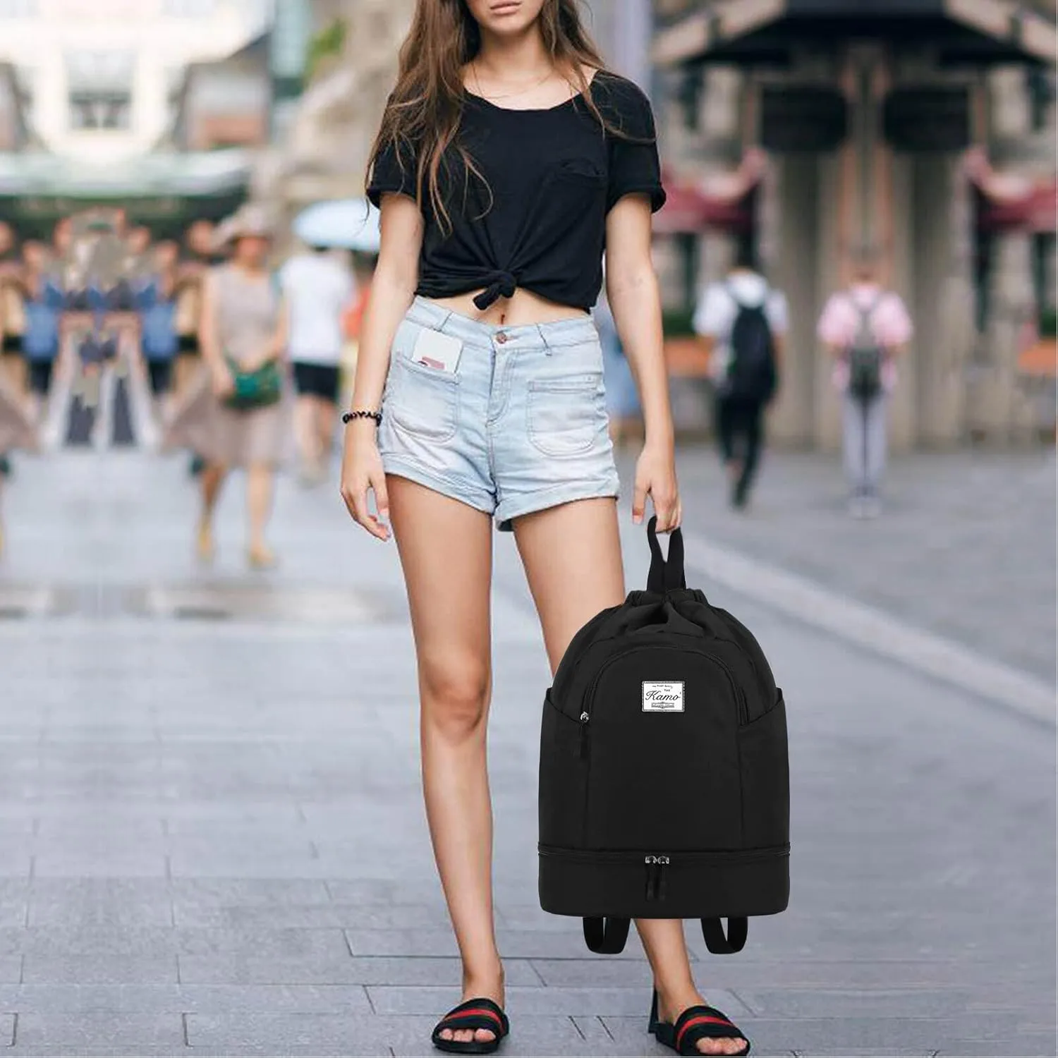 KAMO Drawstring Backpack Bag - Sport Swimming Yoga Backpack with Shoe Compartment, Two Water Bottle Holder for Men Women Large String Backpack Athletic Sackpack for Travel