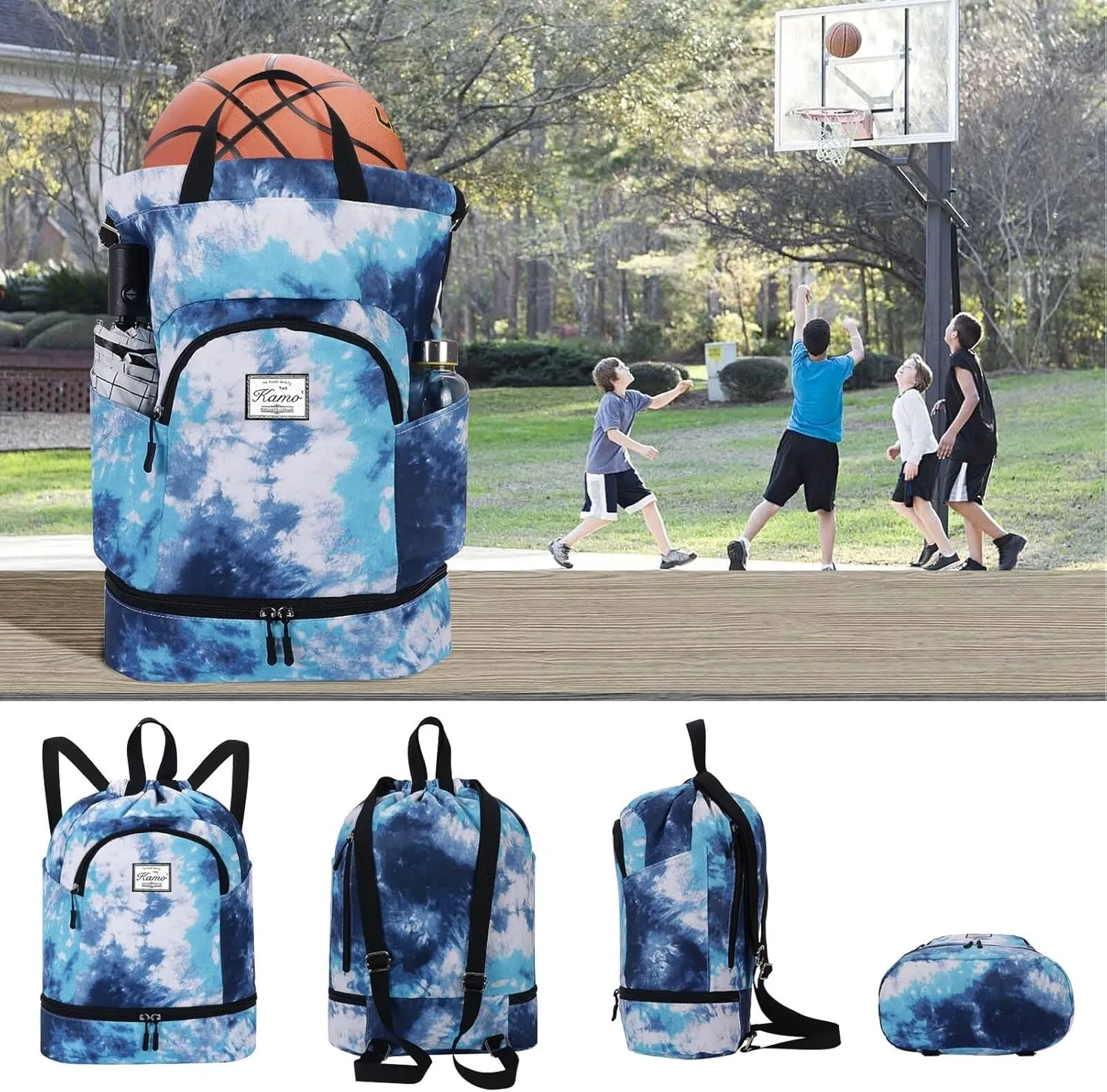 KAMO Drawstring Backpack Bag - Sport Swimming Yoga Backpack with Shoe Compartment, Two Water Bottle Holder for Men Women Large String Backpack Athletic Sackpack for Travel